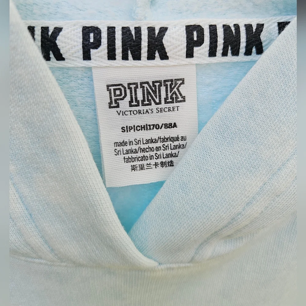 PINK Victoria's Secret Graphic Hoodie Sweatshirt LS Cropped Laced Blue Small EUC - Picture 3 of 12
